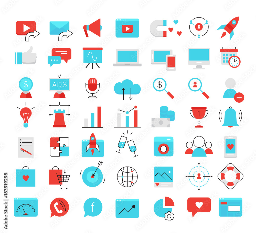 Fototapeta premium Social media marketing modern flat icons set. SMM bright vector symbols