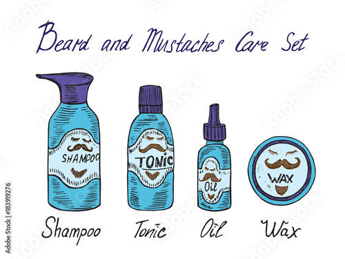 Beard and mustaches care blue set, shampoo, tonic, oil and wax with inscription, hand drawn doodle sketch, isolated vector illustration