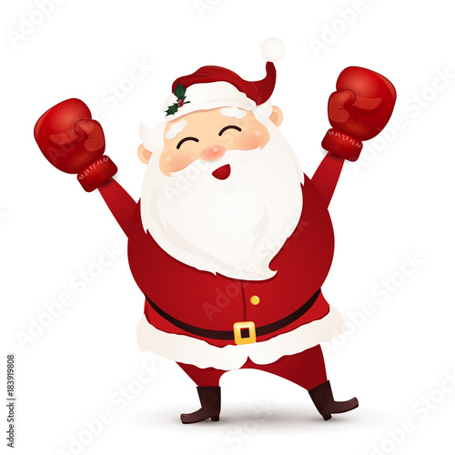 Happy Boxing Day. Cartoon Cute, Funny Santa Claus with red boxing glove isolated on white background. vector illustration