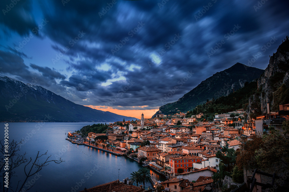 Panoramic view of Limone sul Garda, a small town on Lake Garda,  Lombardy,Italy.tourist destination in Italy