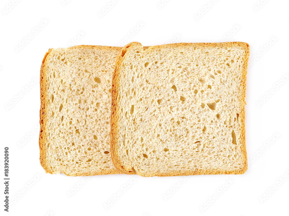 Integral whole wheat toast bread slices isolated on white background, top view