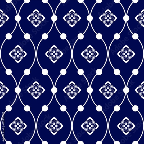 simple wave and flower Porcelain seamless pattern vector