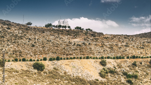 View from the Bulgarian Trail on Crete, Greece. Christian church on the mountains.