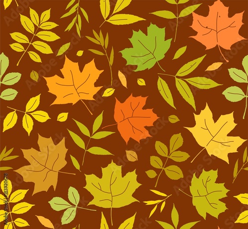 Autumn leaves, seamless pattern, brown, vector. Autumn leaves, seamless pattern, brown, vector. Yellow, green and orange leaves on a brown field. Vector color pattern. Nature, autumn. 