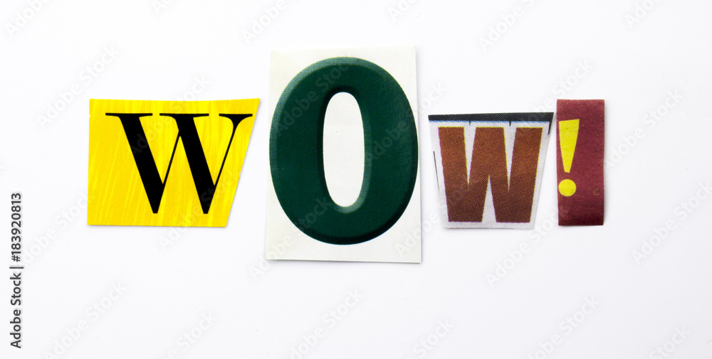 A word writing text showing concept of Wow made of different magazine newspaper letter for Business case on the white background with copy space A word writing text showing concept of Wow made of different magazine newspaper letter for Business case on the white background with copy space
