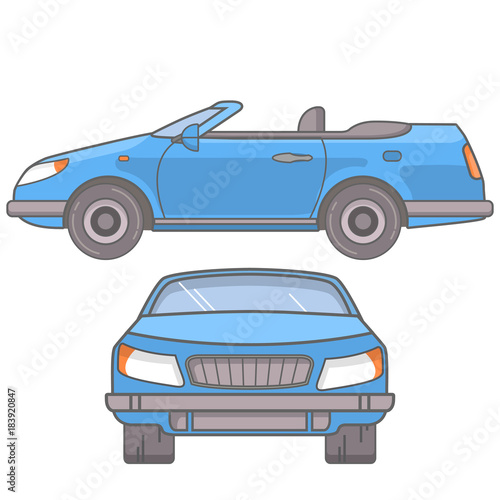 The sports car a coupe cabriolet with an open roof. In flat style a vector a linear art.Vehicle side view and in front cartoon illustration.