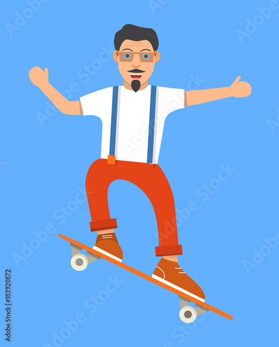 The hipster of sport doing a trick on a skateboard.The adult man in sunglasses with a beard and moustaches dressed in a t-shirt and trousers with braces and in sneakers. In flat style a vector. 