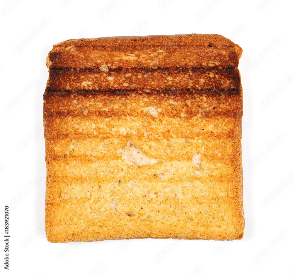 Integral fried whole wheat toast bread slices isolated on white background, top view Integral fried whole wheat toast bread slices isolated on white background, top view