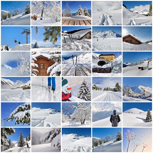 collage of winter vacation in the snow in square size 