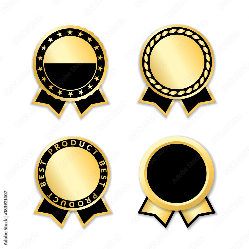 Award ribbon isolated set. Black and gold design for medal, label, badge, certificate. Symbol of best sale, price, quality, guarantee, achievement. Ribbon award decoration Vector illustration Award ribbon isolated set. Black and gold design for medal, label, badge, certificate. Symbol of best sale, price, quality, guarantee, achievement. Ribbon award decoration Vector illustration