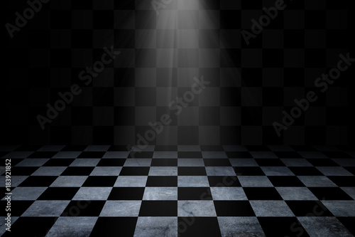 Black And White Checker floor Grunge Room. Checker floor lead into dark empty space