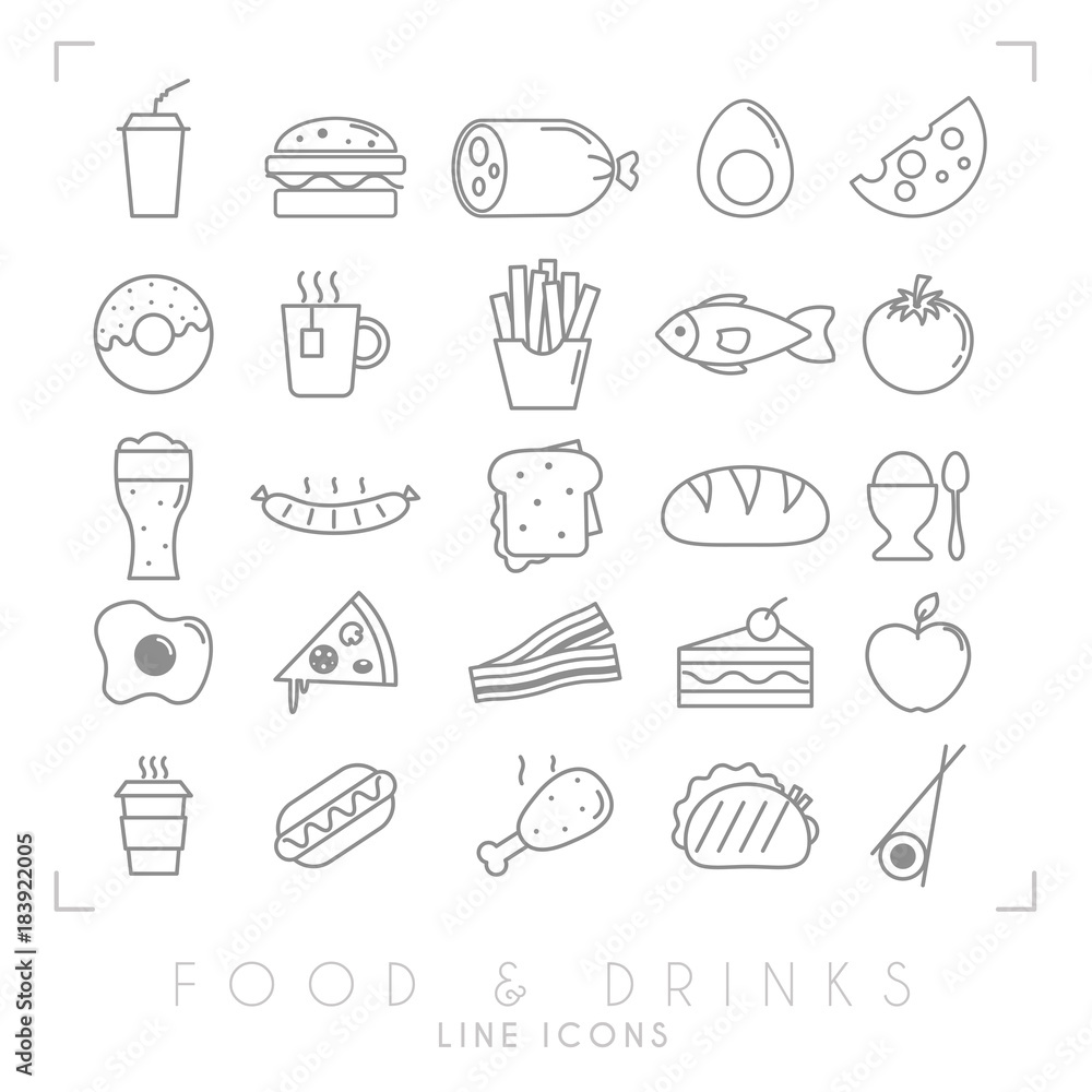 Trendy simple thin line food icons big set. Fast food and breakfast, national and healthy food symbols. Trendy simple thin line food icons big set. Fast food and breakfast, national and healthy food symbols.