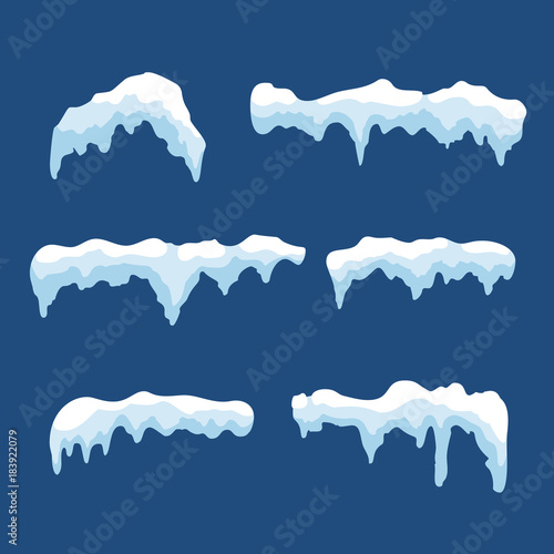 Snow ice icicle set Winter design. White blue snow template. Snowy frame decoration isolated on blue background. Cartoon style. Christmas, New Year frozen ice texture Vector illustration