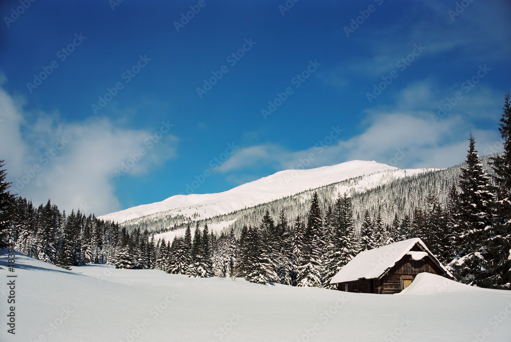 Obraz premium Summer house of shepherd, covered with snow
