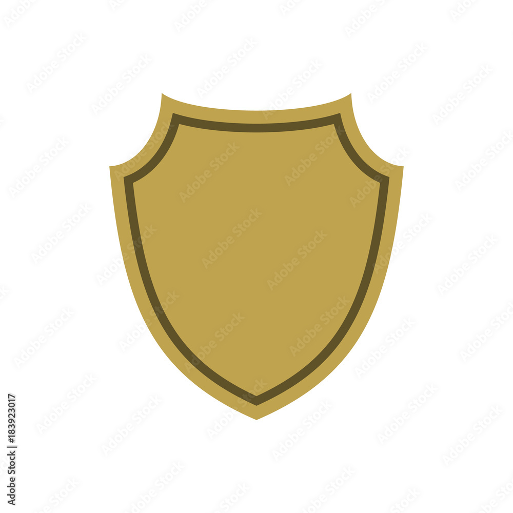 Shield shape gold icon. Simple flat logo on white background. Symbol of security, protection, safety, strong. Element badge for secure protect design emblem decoration. Vector illustration Shield shape gold icon. Simple flat logo on white background. Symbol of security, protection, safety, strong. Element badge for secure protect design emblem decoration. Vector illustration