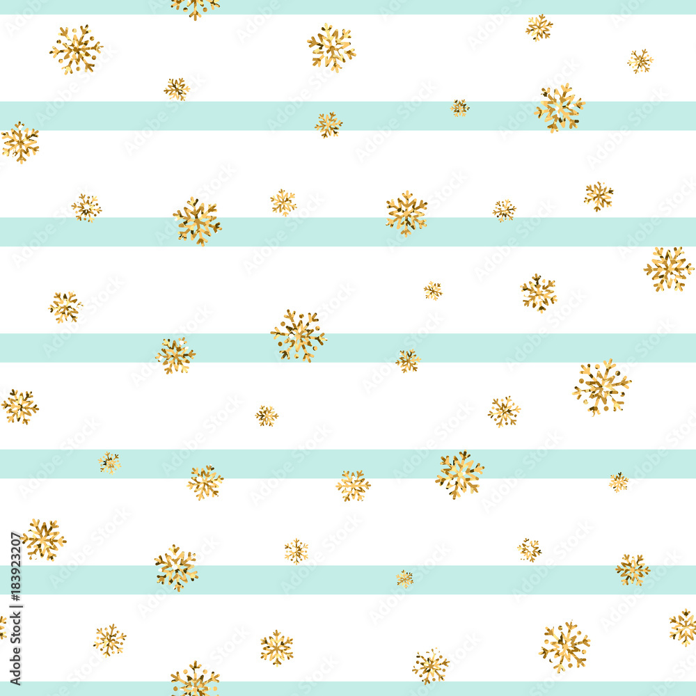 Christmas gold snowflake seamless pattern. Golden glitter snowflakes on blue white lines background. Winter snow texture design wallpaper Symbol holiday, New Year celebration Vector illustration Christmas gold snowflake seamless pattern. Golden glitter snowflakes on blue white lines background. Winter snow texture design wallpaper Symbol holiday, New Year celebration Vector illustration