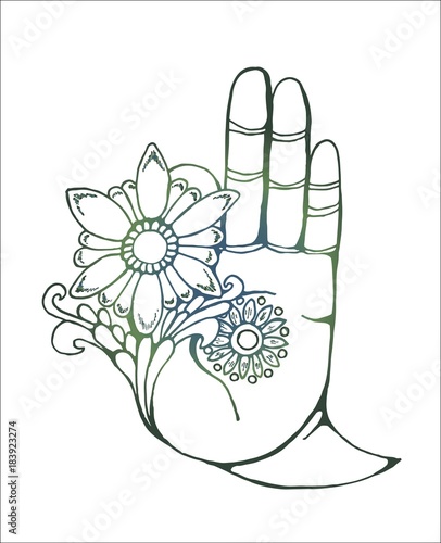 Illustration of a buddha hand holding a flower. Colorfull drawing.