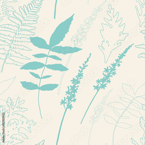 Floral vector seamless pattern with wild flowers, fern leaves and evergreen p...