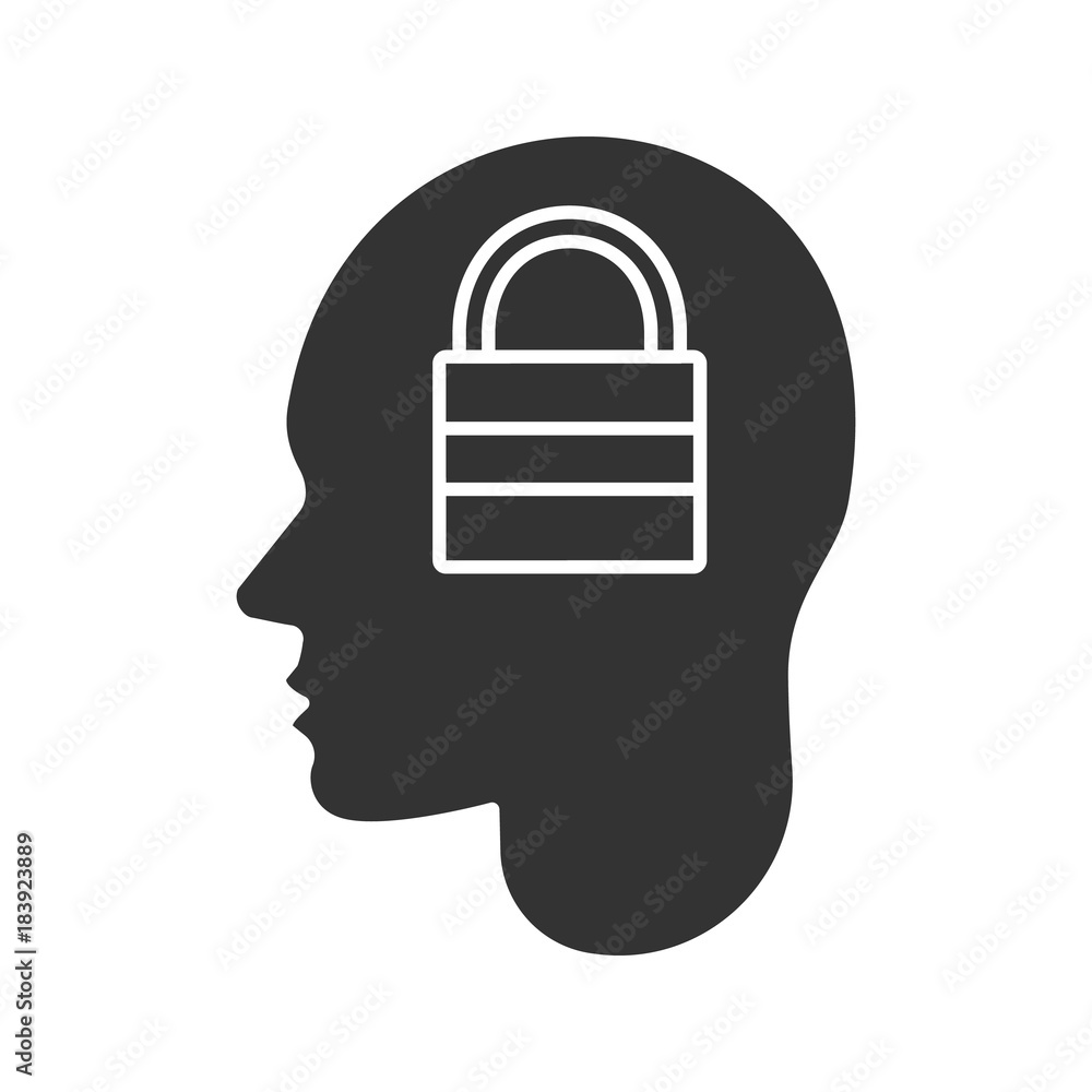 Human head with closed padlock inside glyph icon Human head with closed padlock inside glyph icon