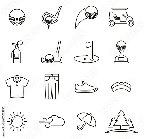 Golf Sport & Golf Equipment Icons Thin Line Vector Illustration Set