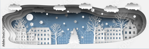 Illustration  winter coming. Merry Christmas and Happy New Year 2021 background.  Paper art and craft style