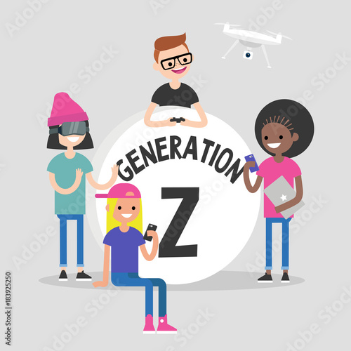 A group of millennial friends gathering around big "Generation z" sign. Gadgets. Modern lifestyle. Flat editable vector illustration, clip art