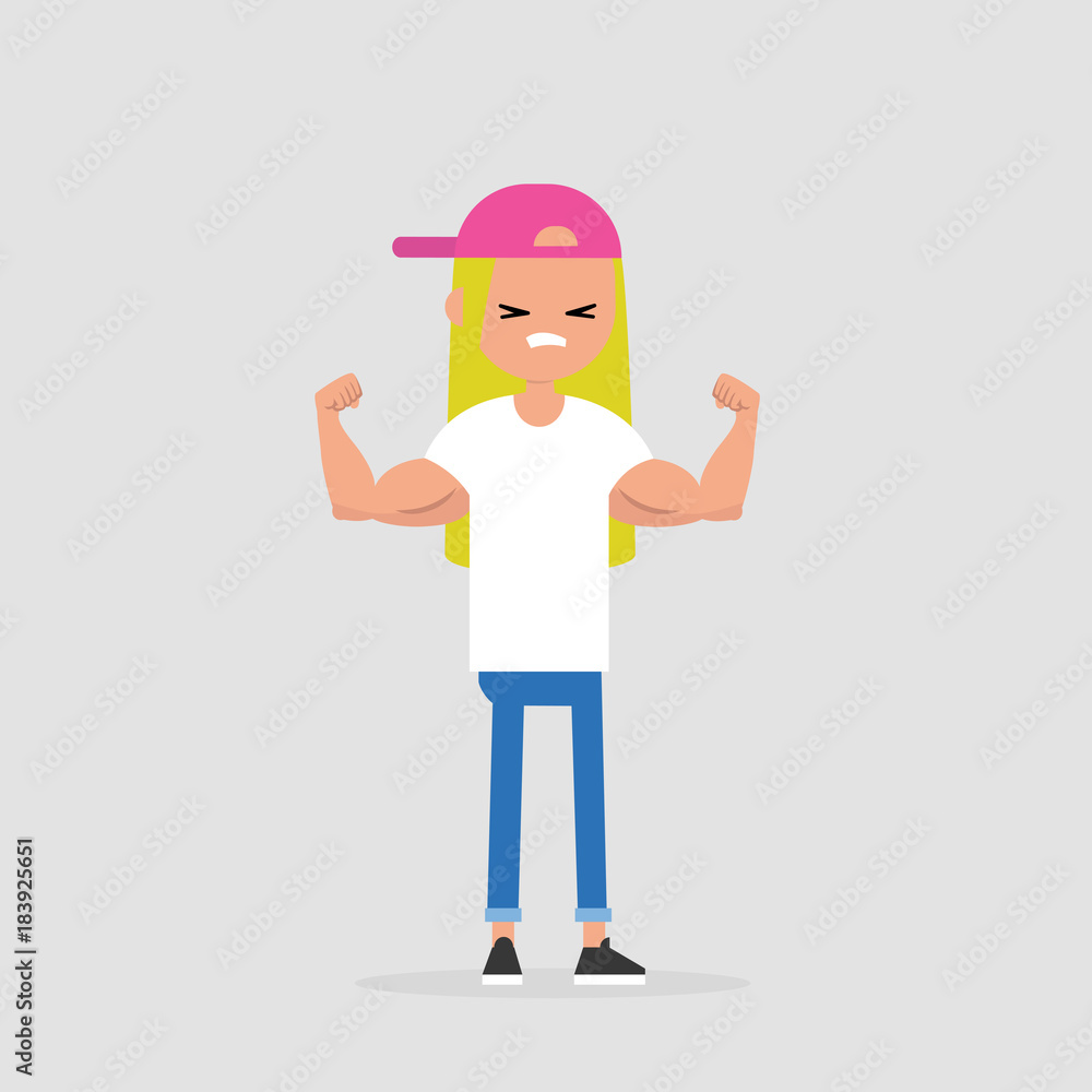 Young blond girl demonstrating her strength / editable flat vector illustration Young blond girl demonstrating her strength / editable flat vector illustration