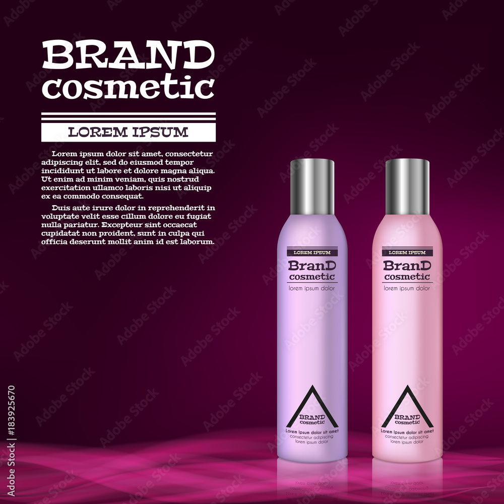 3D realistic cosmetic bottle ads template. Cosmetic brand advertising concept design with abstract glowing waves 3D realistic cosmetic bottle ads template. Cosmetic brand advertising concept design with abstract glowing waves