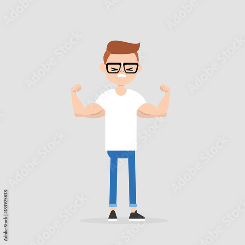 Young funny nerd demonstrating his strength / editable flat vector illustration