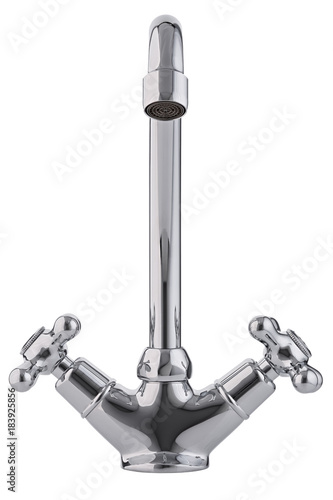Mixer cold hot water. Modern faucet  bathroom.  Kitchen tap  . Isolated  white background. Front view.