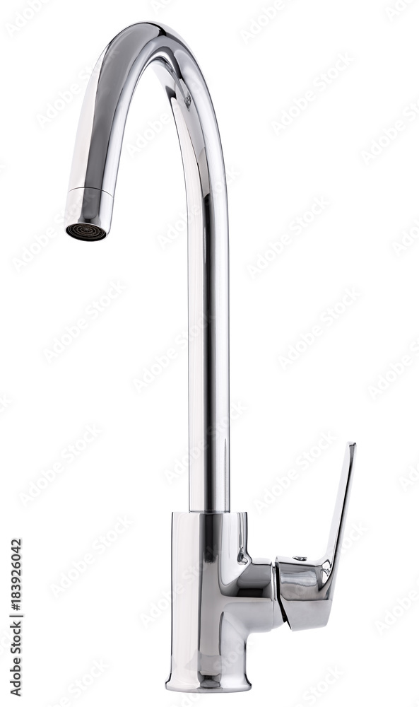 Mixer cold hot water. Modern faucet bathroom. Kitchen tap . Isolated white background. Side view. Mixer cold hot water. Modern faucet bathroom. Kitchen tap . Isolated white background. Side view.