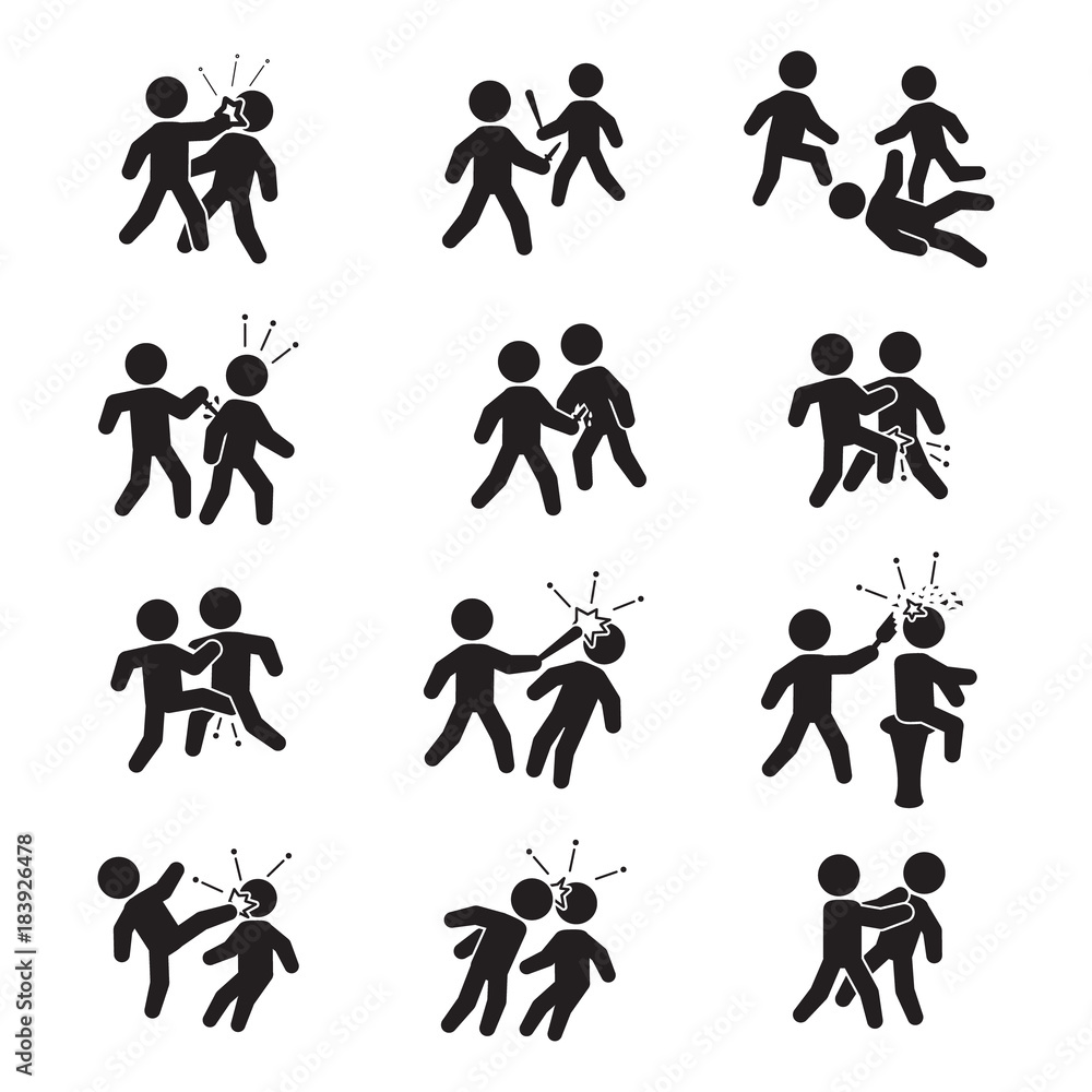 Violence icon set. Vector. Bar fight, street fight and others. 