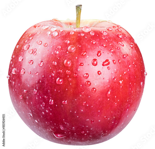 Ripe red apple with water drops.