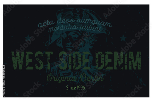 West side denim Berlin clothing tag, with latin words - acta deos numquam mortalia fallunt, meaning - mortal actions never deceive the gods. 