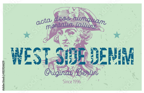 West side denim Berlin clothing tag, with latin words - acta deos numquam mortalia fallunt, meaning - mortal actions never deceive the gods. 
