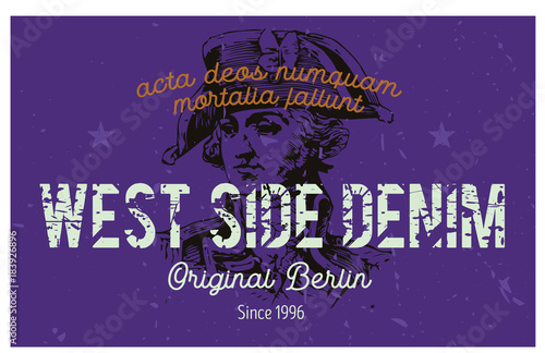 West side denim Berlin clothing tag, with latin words - acta deos numquam mortalia fallunt, meaning - mortal actions never deceive the gods. 