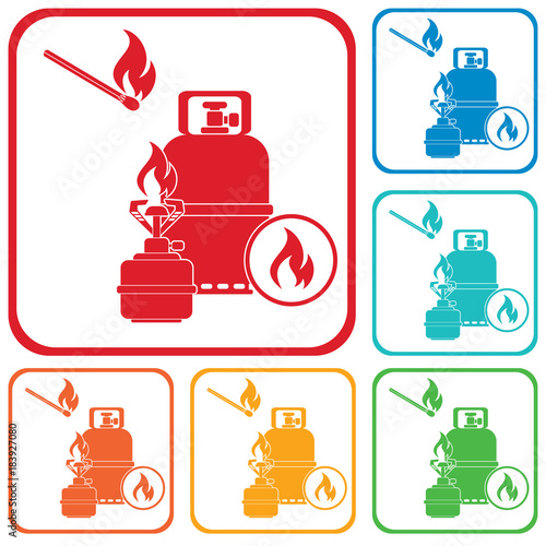 Camping stove with gas bottle icon vector