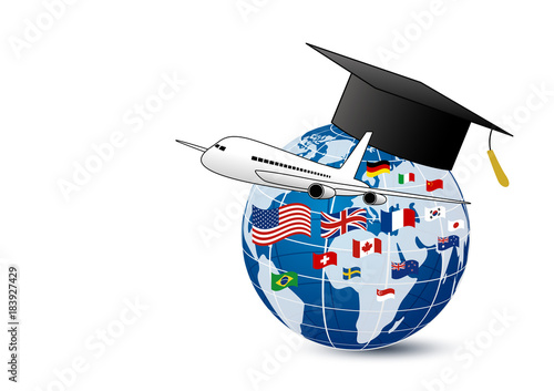 Study abroad concept design of airplane and world education with national flag on white background vector illustration