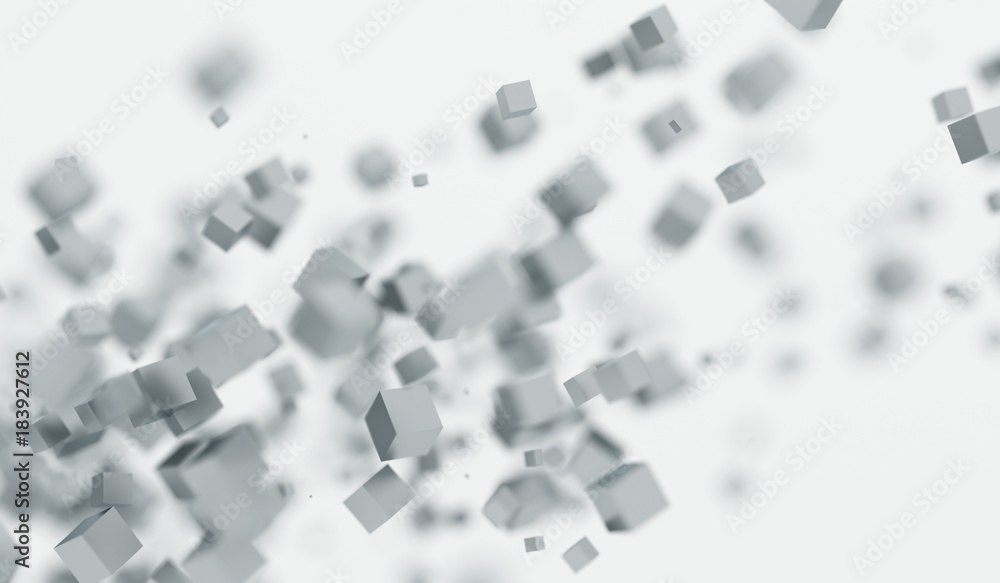 3D Rendering Of Abstract Chaotic Flying Cubes With Soft Focus Background
