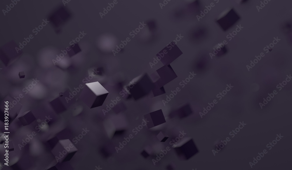 3D Rendering Of Abstract Chaotic Flying Cubes With Soft Focus Background 3D Rendering Of Abstract Chaotic Flying Cubes With Soft Focus Background
