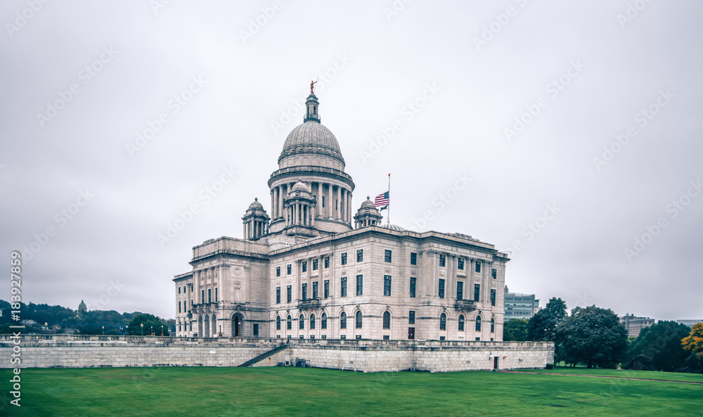 rhode island state capitol building on cloudy day