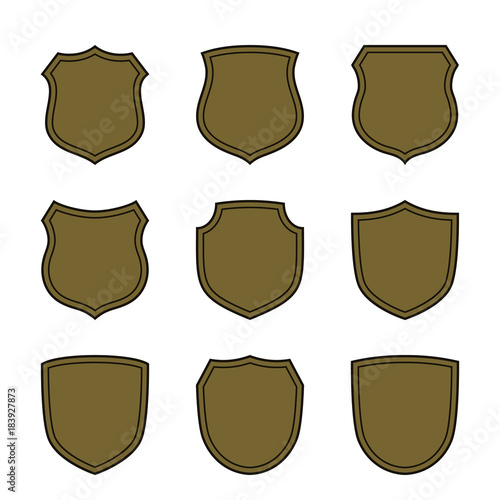 Shield shape bronze icons set. Simple flat logo on white background. Symbol of security, protection, safety. Element badge for protect design emblem decoration. Vector illustration