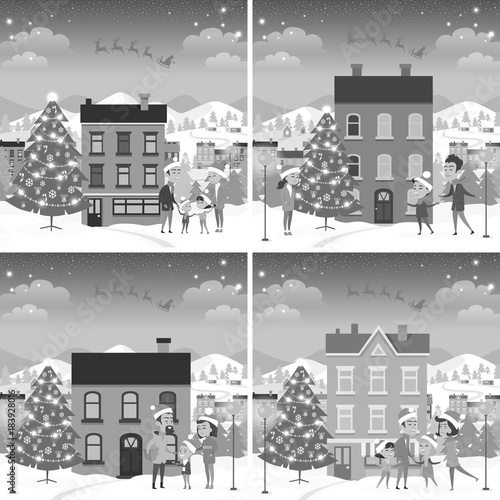 Monochrome Set of Happy Families Front of Houses