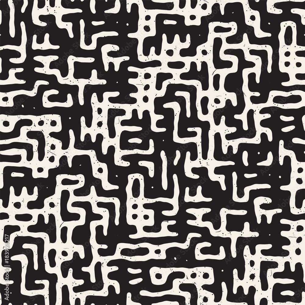 Vector Seamless Black And White Rounded Irregular Maze Pattern. Abstract Hand Drawn Background