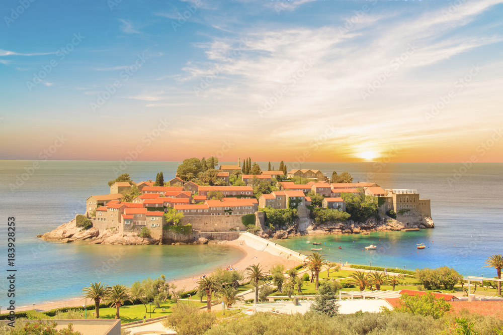 Beautiful view of the island-resort of St. Stefan (Sveti Stefan) on the Budva Riviera, Budva, Montenegro on a sunny day