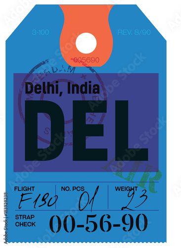 Delhi airline tag design. Realistic looking buggage tag.
