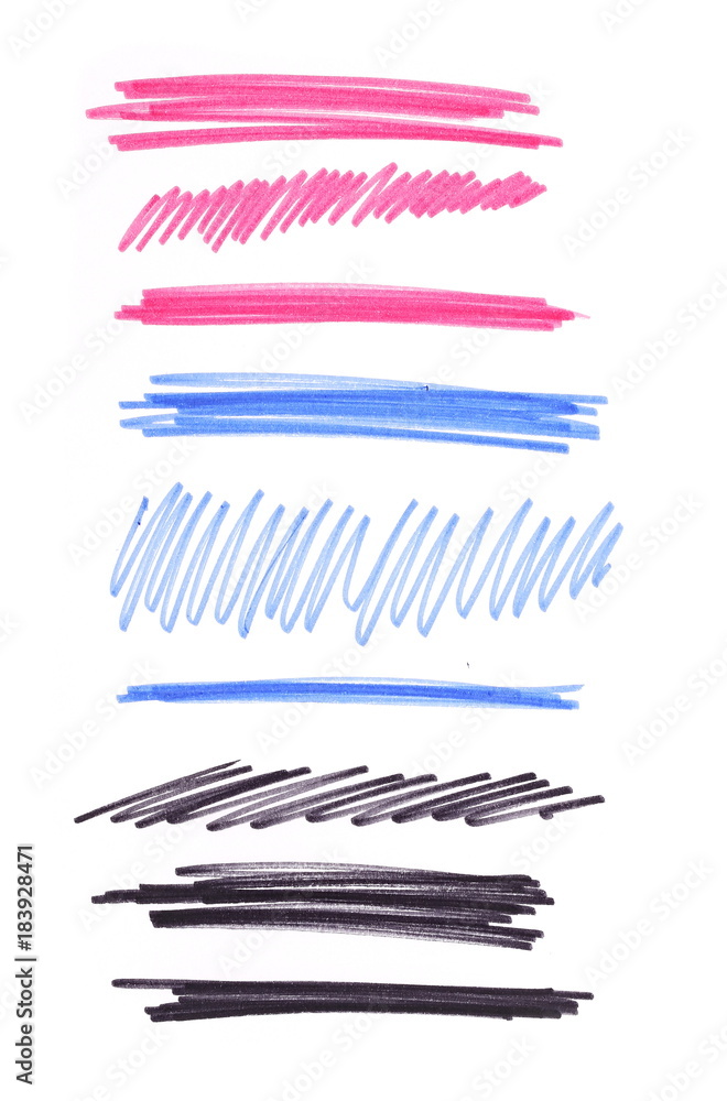 Black, blue and pink marker strokes, isolated on white background