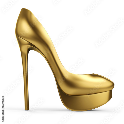 Gold woman high heels shoe side view.