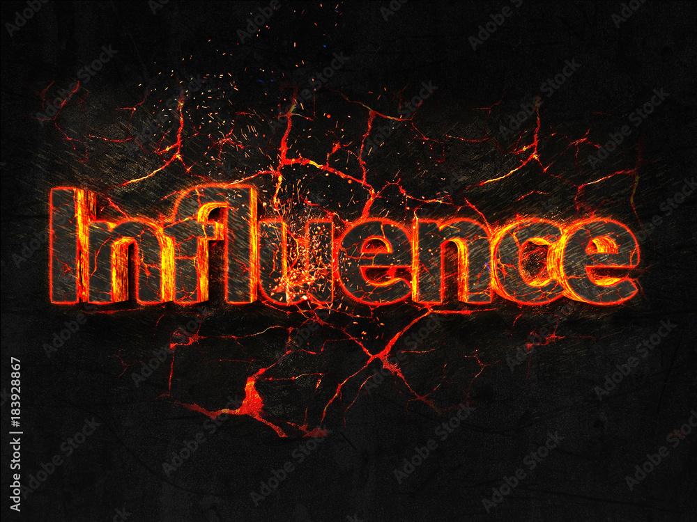 Influence Fire text flame burning hot lava explosion background.