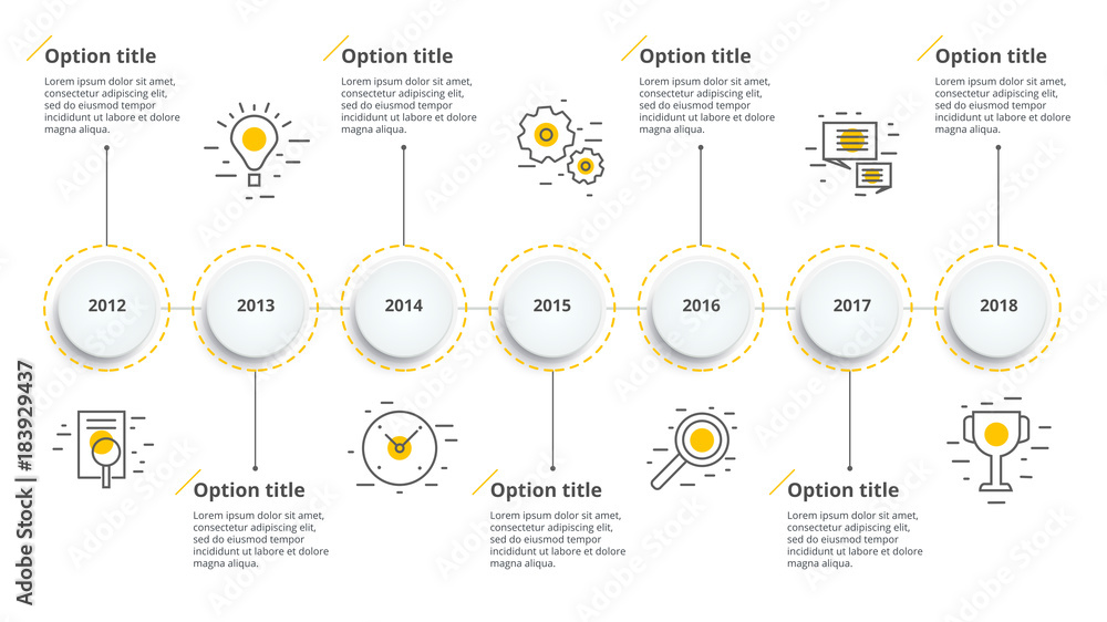 Linear business timeline workflow infographics. Corporate milestones graphic elements. Company presentation slide template with year periods. Modern vector history time line design. - obrazy, fototapety, plakaty 